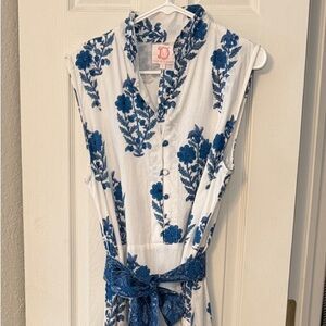 Victoria Dunn White Maxi Dress with Blue Floral Embroidery and Waist Sash